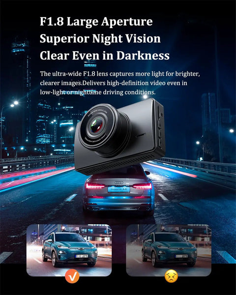 4K Front And Rear Dash Cam for Cars with 1080P Rear Camera showcasing superior night vision in city scene