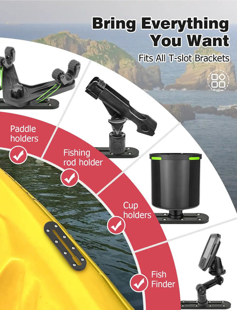 7 Inch Kayak Rail Mount Track For Low Profile Gear Onboard Includes Fishing Rod Holder Fish Finder Cup Holder And Anchor Cleats 2 Pack Built Tough For Easy Access While Out On The Water with accessories displayed