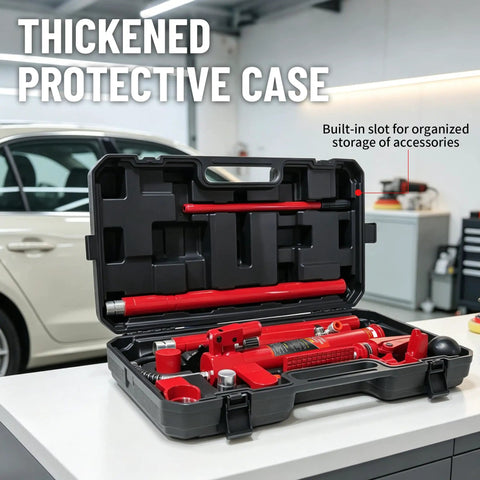 12 Ton Portable Hydraulic Ram Jack Pump Kit With Heavy Duty Lifting Power For Auto Body Car Frame Straightening And Equipment Repair in thickened protective case.