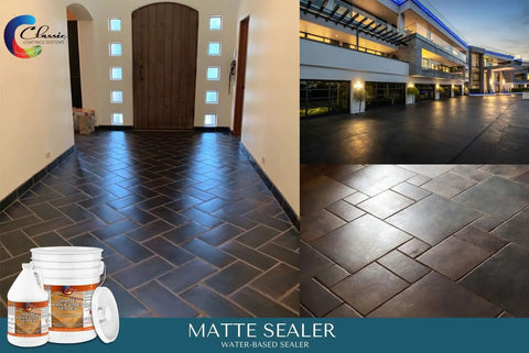 Top Shelf Water Based Concrete Sealer Matte Finish on tiled floor and outdoor pavers showcasing durability and appeal.