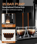 Kickstart Your Daily Brew With This Legit Fully Automatic Espresso Maker Featuring A Built In Grinder 20 Bar High Pressure Pump And Zero Hassle Milk Frother For Smooth Lattes And Rich Cappuccinos At Home, showcasing espresso pouring into two glass cups.