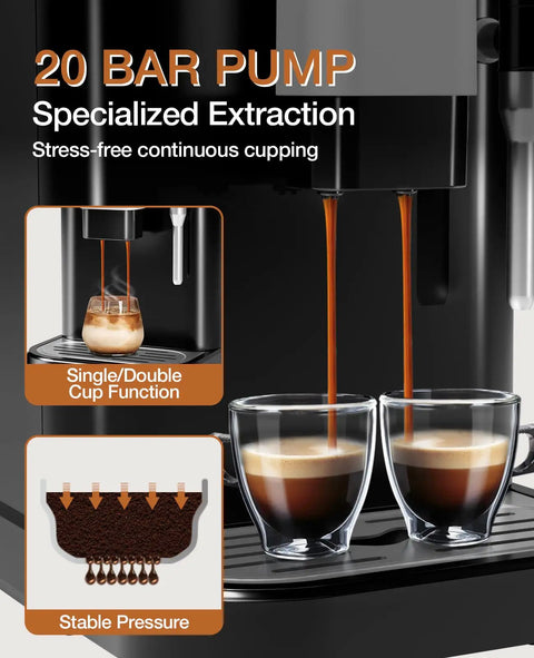 Kickstart Your Daily Brew With This Legit Fully Automatic Espresso Maker Featuring A Built In Grinder 20 Bar High Pressure Pump And Zero Hassle Milk Frother For Smooth Lattes And Rich Cappuccinos At Home, showcasing espresso pouring into two glass cups.