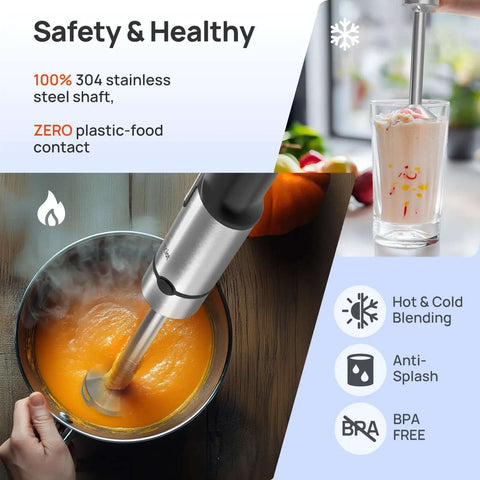Kickstart Your Kitchen Game With This Heavy Duty 5 In 1 Immersion Blender Featuring 1100W Motor And 21 Speed Settings Plus Turbo Mode That Smoothes Everything Out With Safe Stainless Steel Shaft, immersion blender in soup.
