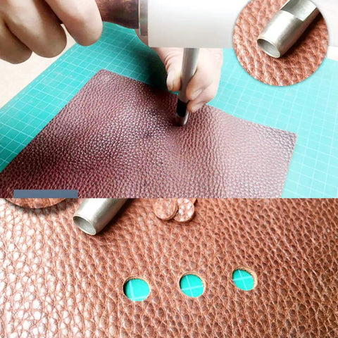 Using 10 Pack Leather Hole Punch Set 0.5mm To 3.5mm on leather for precise holes; carbon steel tool in action on leather crafting project.