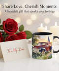 Vintage Americana 11oz Ceramic Coffee Mug With Red Pickup Truck And American Flag Illustration, Rustic Farmhouse Style Cup