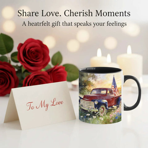 Vintage Americana 11oz Ceramic Coffee Mug With Red Pickup Truck And American Flag Illustration, Rustic Farmhouse Style Cup