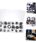 225 Piece Carbon Steel C Shape Retaining Ring Kit External Snap Rings For Shaft Locking And Fastening in a storage case with machinery inlay images.