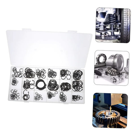 225 Piece Carbon Steel C Shape Retaining Ring Kit External Snap Rings For Shaft Locking And Fastening in a storage case with machinery inlay images.