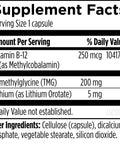 Supplement facts for 5mg Lithium Orotate With TMG And B12 Methylcobalamin, showing ingredient amounts per serving.