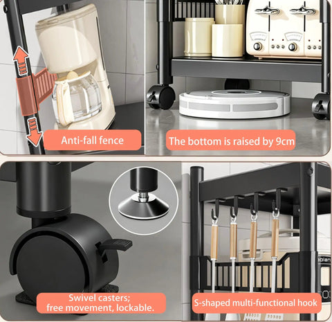 Super Badass Heavy Duty Carbon Steel Shelving Unit With Kickass Four Tier Layout For Garage And Kitchen Organization, featuring anti-fall fence and swivel casters.