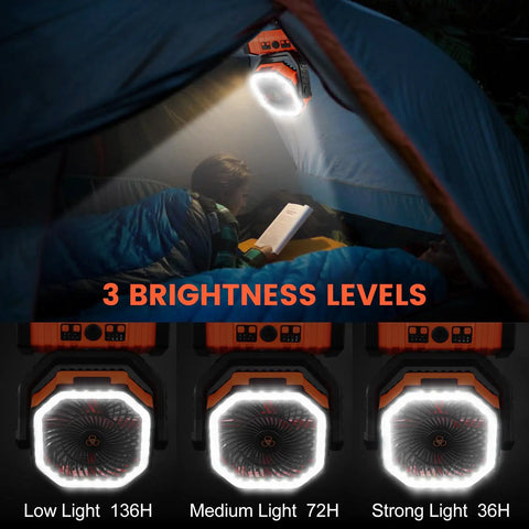 High Capacity 30000mAh Oscillating Camping Fan With LED Lantern illuminating a tent interior at night, showing 3 brightness levels.