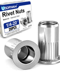 Pro Shop Heavy Duty 1/4-20 304 Stainless Steel Rivet Nuts 20 Pack Rust Proof Nutserts on display with knurled flat heads.