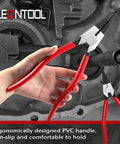 Hand holding Heavy Duty Lock Ring Pliers Set 2 Piece Flat Snap Ring Pliers for Circlip Rings, showing use in automotive repair