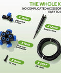 Components of 50Ft Garden Drip Irrigation Kit With Automatic Watering System including connectors and tubing.