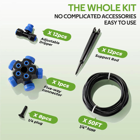 Components of 50Ft Garden Drip Irrigation Kit With Automatic Watering System including connectors and tubing.