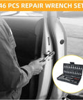 Person using a tool from a 46 PCS repair wrench set on a car door, with the kit displayed in a compact case.