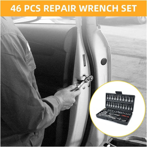 Person using a tool from a 46 PCS repair wrench set on a car door, with the kit displayed in a compact case.