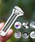 Mini Multitool Wrench with Bottle Opener, Nail Puller, 2.8 Oz Alloy Steel 6 in 1 Measuring Caliper held in hand shown with features.