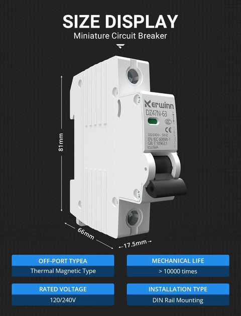 Side view of Smart 1 Pole 20 Amp 120V And 240V AC Circuit Breaker For Marine Power Systems And Solar PV Installations with size details.