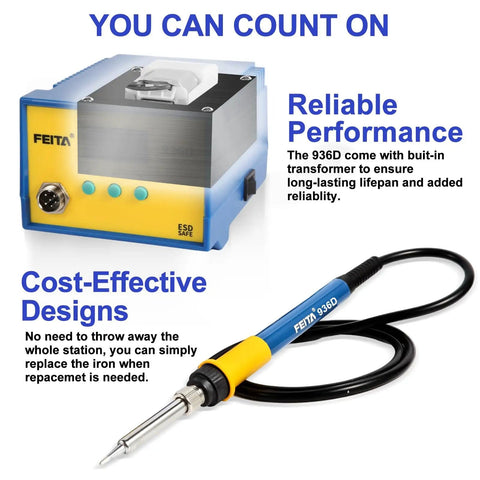 Digital Soldering Station Pro Grade With PID Temperature Control next to soldering iron and control unit, ESD Safe.
