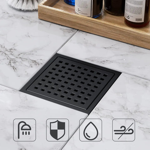 6 Inch Matte Black Square Shower Drain With Removable Flange Quadrato Grid Pattern In 304 Stainless Steel on tiled floor