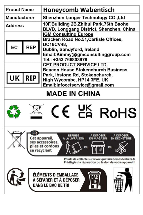 Front label for Honeycomb Working Table; Made in China, CE/UKCA/RoHS icons, recycling symbols.