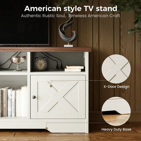 65 Inch TV Stand With Built In Power Outlet And LED Lights Cool Farmhouse White Entertainment Center with X-door design