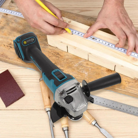 Cordless Angle Grinder Kit With High Speed Metal Cutting And Polishing Rechargeable Battery Lightweight Plastic Construction Pro Grade Tool For Metalwork And Finishing Projects, shown with woodwork measuring and grinding accessories