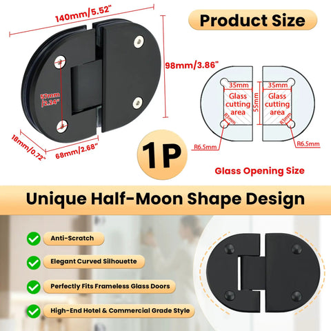 Dimensions of Black 180 Degree Glass Shower Door Hinge for Bathroom Built to Last Rubber Cushion Pads Notch Cut Required