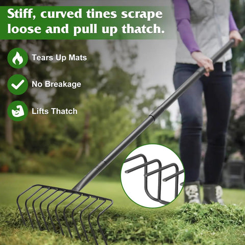 Heavy Duty Garden Rake for Leaves and Debris with 60 Inch Adjustable Handle, Wide Bow Head for Big Yard Cleanup, Metal Tines with 90 Degree Curved Design