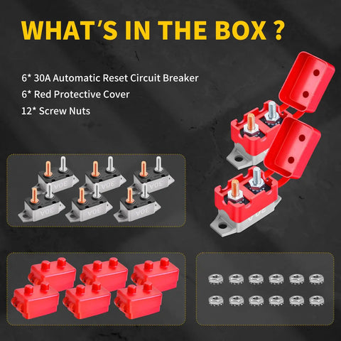 Beefy 30 Amp Automatic Reset Circuit Breaker 12V 24V DC Waterproof IP66 For Automotive Marine Boat RV Trailer Solar System With Cover And Stud Bolt Terminals Pack Of 6, red covers and nuts