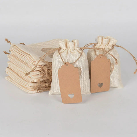 Assorted Burlap Jewelry Pouches Set Of 51 Small Gift Bags For Weddings And Special Occasions with beige linen look and tags