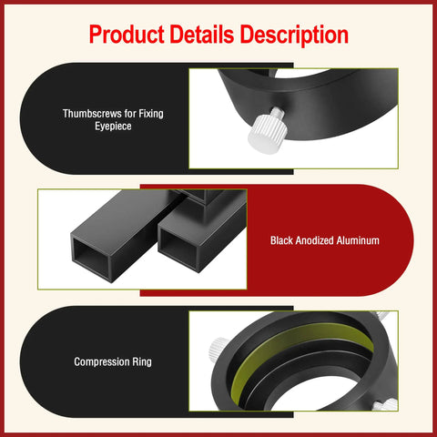Universal T2 Camera Photo Adapter For Telescope And Spotting Scope Eyepieces 52 To 59mm showing thumbscrews and anodized aluminum.