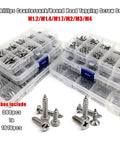 Micro Self Tapping Screw Set 304 Stainless Steel Rust Resistant M1.2 Through M4 Assorted Sizes For Wood And Plastic No Sweat Assembly 380 Piece Hardware Kit with various screws in transparent organizer bins.