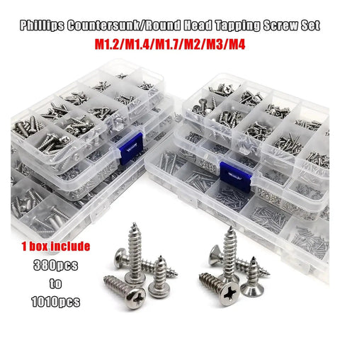 Micro Self Tapping Screw Set 304 Stainless Steel Rust Resistant M1.2 Through M4 Assorted Sizes For Wood And Plastic No Sweat Assembly 380 Piece Hardware Kit with various screws in transparent organizer bins.