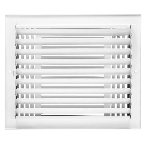 Three Way Air Supply Grille Vent Cover Diffuser For 12x10 Duct Opening White Steel With Flat Stamped Face Powder Coated Finish Built To Last No Sharp Edges Recessed Screws For Easy Mounting Overall 13.75x11.75 Inches front view