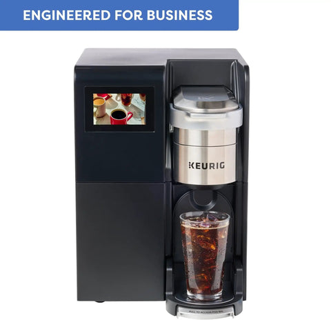 Front view of Office Boss Level Single Serve Coffee Maker With Plumbed Water Line, Brew Over Ice, five cup sizes