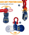 Beefed Up Heavy Duty 4 Ton Snatch Block With Chain For Tow Trucks And Recovery, 4.5 Inch Sheave For One Half Inch Wire Rope, Swivel Shackle, Snatch Block Pulley For Towing And Car Carrier Applications. blue snatch block with red swivel shackle, 180° and 360°