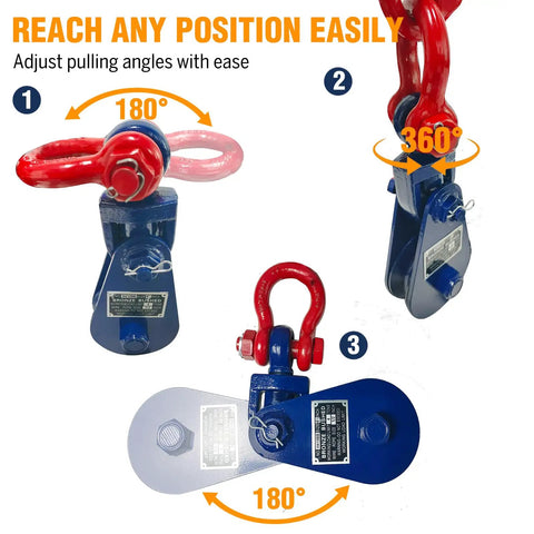 Beefed Up Heavy Duty 4 Ton Snatch Block With Chain For Tow Trucks And Recovery, 4.5 Inch Sheave For One Half Inch Wire Rope, Swivel Shackle, Snatch Block Pulley For Towing And Car Carrier Applications. blue snatch block with red swivel shackle, 180° and 360°