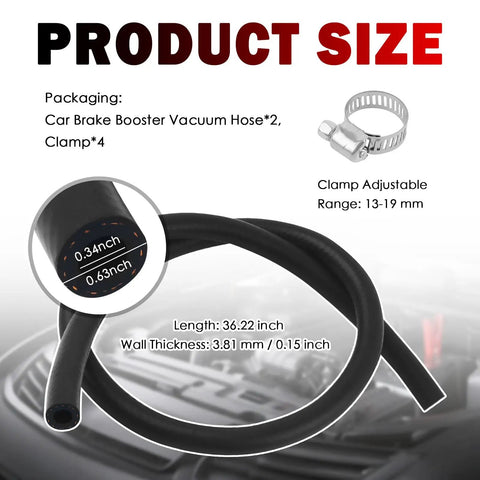 Two Piece Built Tough Brake Booster Vacuum Hose Kit With Clamps 36 Inch flexible tubing showing size and thickness measurements.