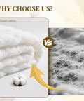 Comparison of good vs inferior cotton, showing clean white cotton on left and dirty cotton with particles on right image.