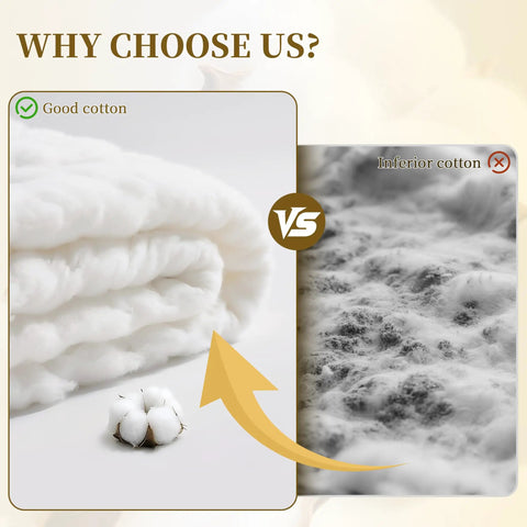 Comparison of good vs inferior cotton, showing clean white cotton on left and dirty cotton with particles on right image.