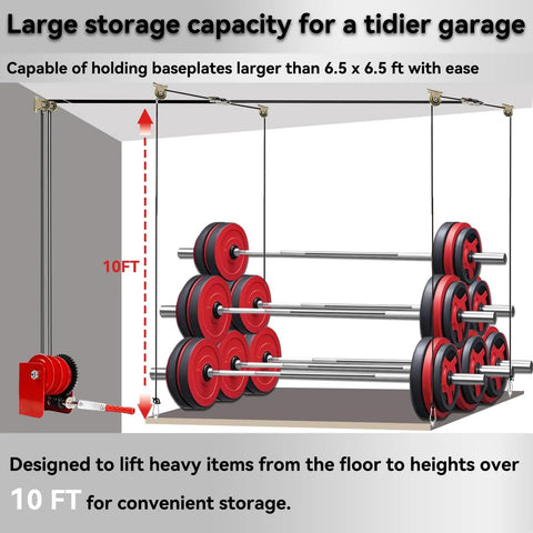 Adjustable Overhead Garage Storage Lift With Hand Crank Heavy Duty Ceiling Hoist System 300 Lb Capacity in use lifting weights