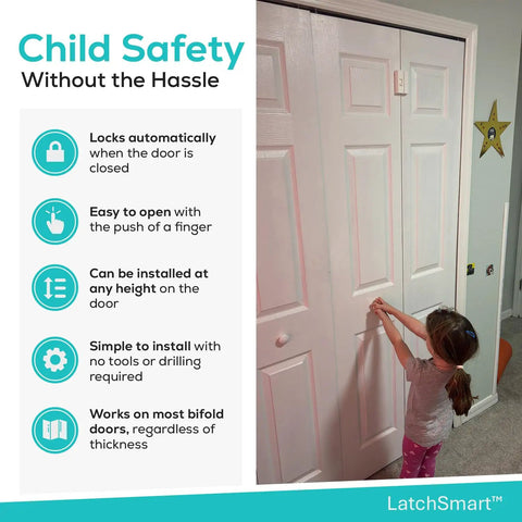 Rock Solid Bifold Door Lock Kit That Keeps Kiddos And Fur Babies Out Of Trouble While Blocking Finger Pinch Hazards Through A Slick Auto Click Design For Parents Dead Set On Creating Super Safe Family Habits Daily. Child safety lock demonstrated with a child using it on bifold doors.