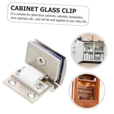 Close-up of POPETPOP glass door hinge with metal clamp, white spacer, and mounting screws
