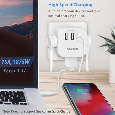 Travel Ready Three Outlet Extender With Three USB Ports And Built In Surge Protector, Compact Wall Plug Power Hub For Home Office And On The Go, Safe Charging For Phones, Tablets, And More