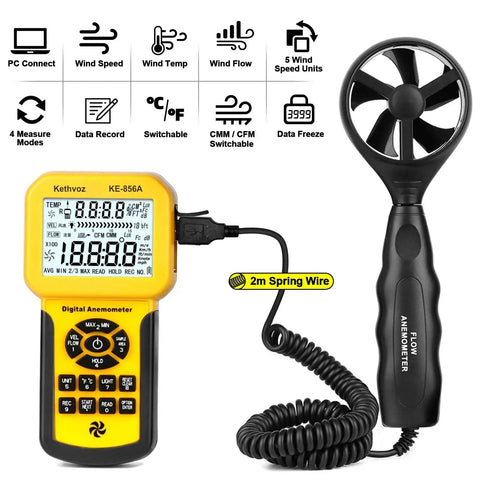 Pro Grade HVAC Anemometer With USB Data Storage And PC Connect displayed, featuring digital display and coiled wire
