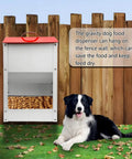 Heavy Duty Gravity Automatic Pet Feeder Galvanized Steel Food Trough Auto Refill Dispenser with dog beside fence.
