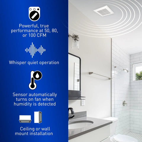 WhisperValue DC Bath Exhaust Fan With Pick A Flow 50 80 Or 100 CFM ECM Motor Condensation Sensor installed in modern bathroom