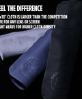 Microfiber lens cleaning cloths, 6-pack in light blue and navy with embossed logo, reusable for glasses and screens.